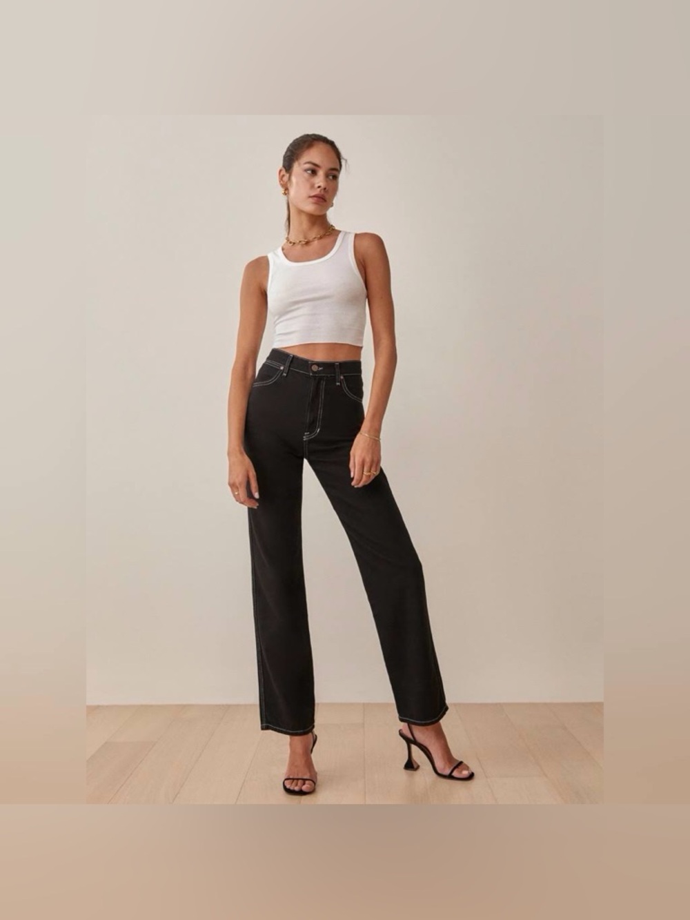 Reformation Jeans Cowboy High-Rise Black Straight Jeans with Contrast Stitching